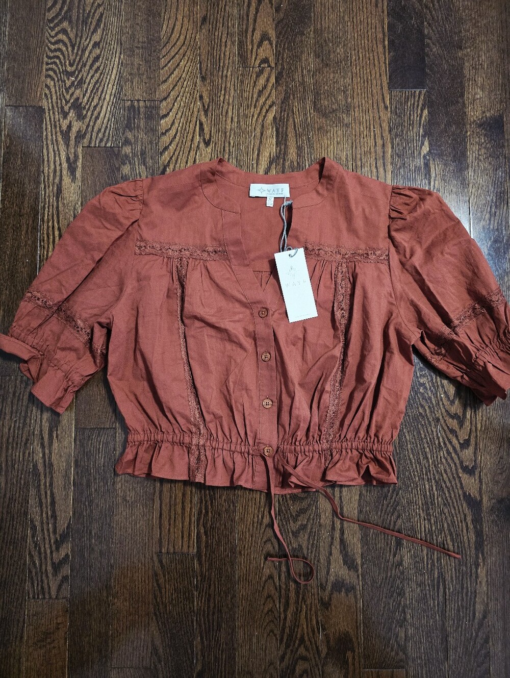 Wayf Rust Button-Front Cropped Peasant Blouse Short Sleeves Cotton Size S